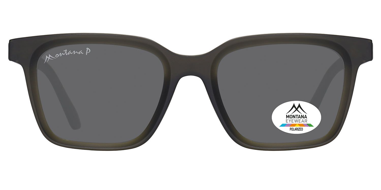 Dunkelgraue Sonnenbrille mit quadratischen Gläsern. Montana Eyewear Logo auf dem Glas und Bügel. Polarisierte Gläser.