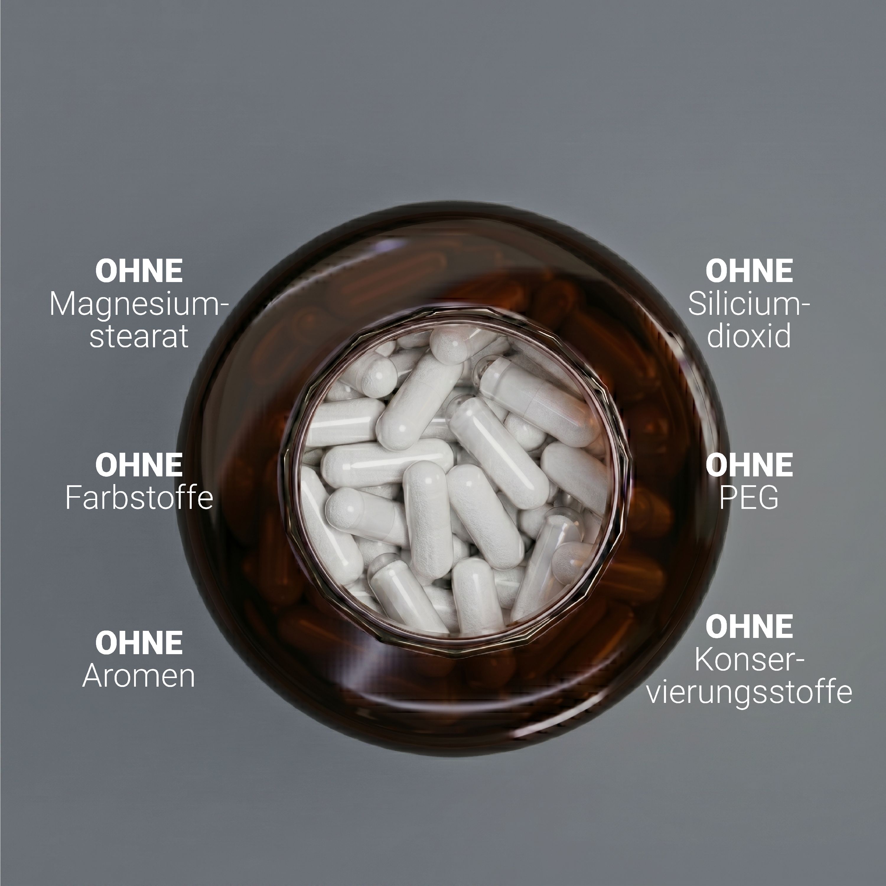 Nullure Nicotinamide Riboside Kapseln: Ohne Magnesiumstearat, Farbstoffe, Aromen, Siliciumdioxid, PEG, Konservierungsstoffe.