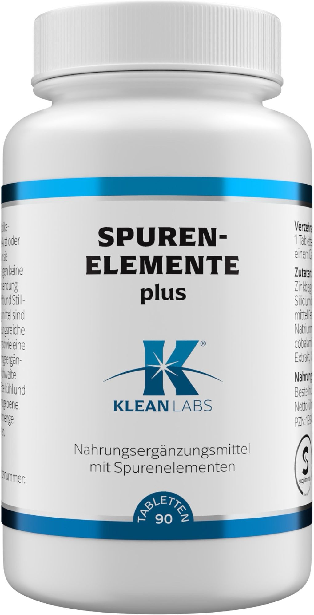 Weiße Flasche mit blauem Etikett. Klean Labs Spurenelemente plus, 90 Tabletten.