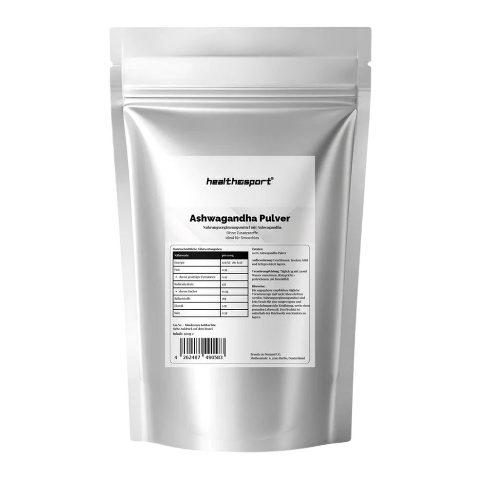 Silberfarbene Beutel mit Etikett. Aufschrift: health & sport, Ashwagandha Pulver. Nährwertangaben und Barcode.