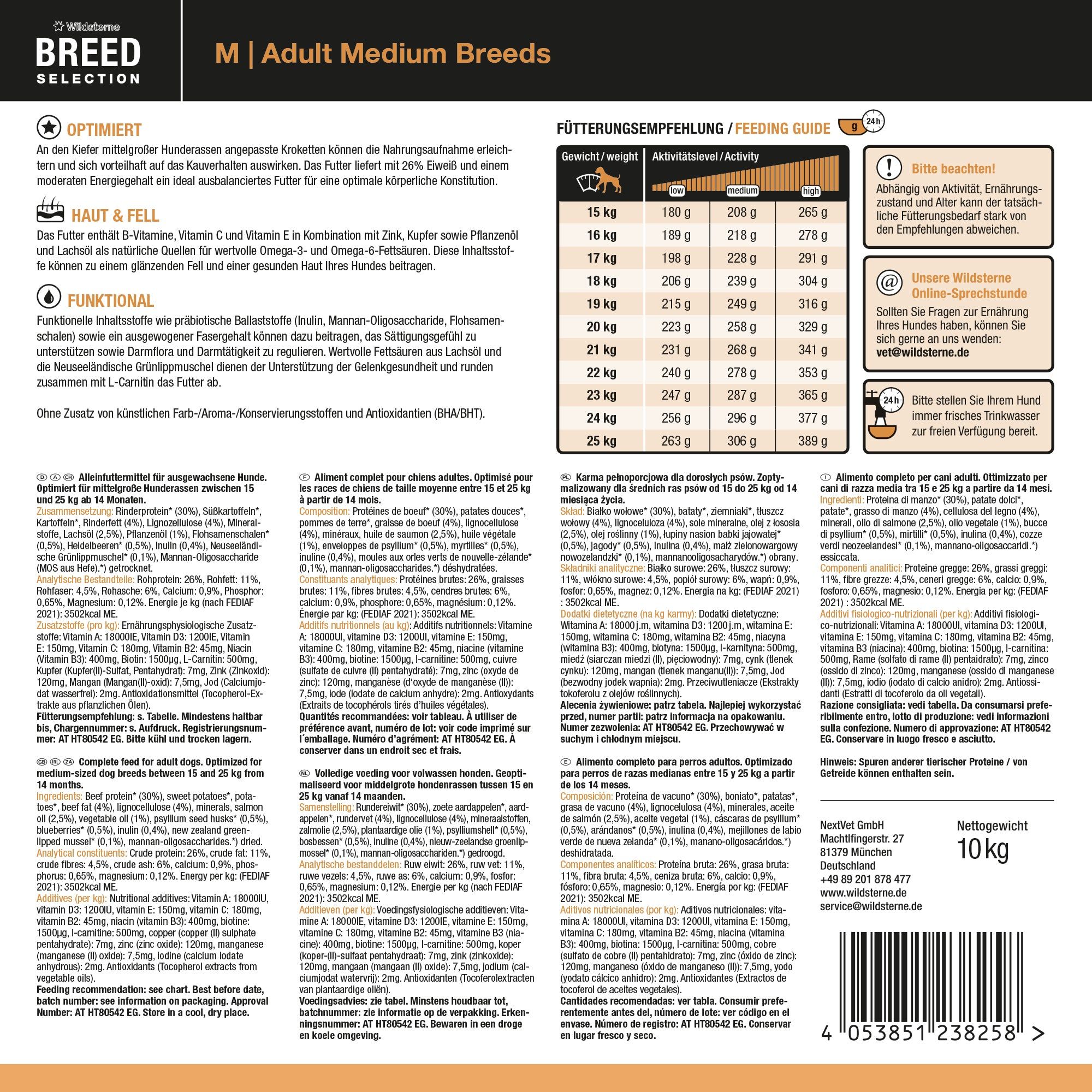 Rückseite Hundefutter "Breed Selection Adult Medium Breeds M", 10 kg. Mit Fütterungsempfehlung und Inhaltsstoffen.