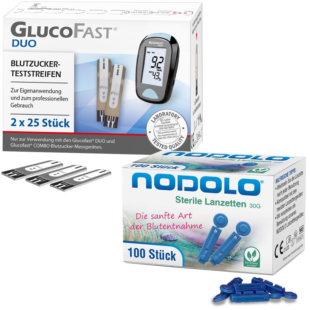 Packung Glucofast Duo Teststreifen und Nodolo Lanzetten. Teststreifen und Messgerät. Lanzetten in Schachtel und lose.