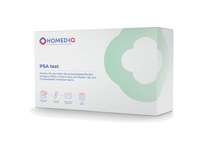Homed-IQ PSA Test für Männer. Weiße Verpackung mit Logo und Produktinformationen. Medizinprodukt.