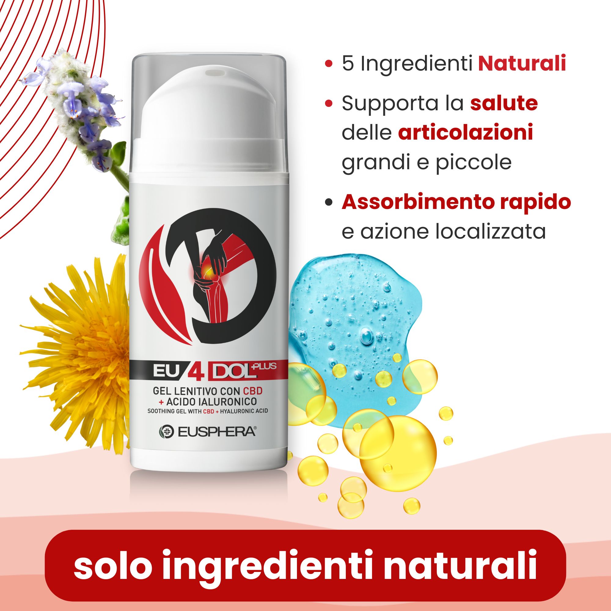 Flacone con testo EU4DOL Plus. Sullo sfondo: fiori e liquido giallo. Testo: Solo ingredienti naturali.