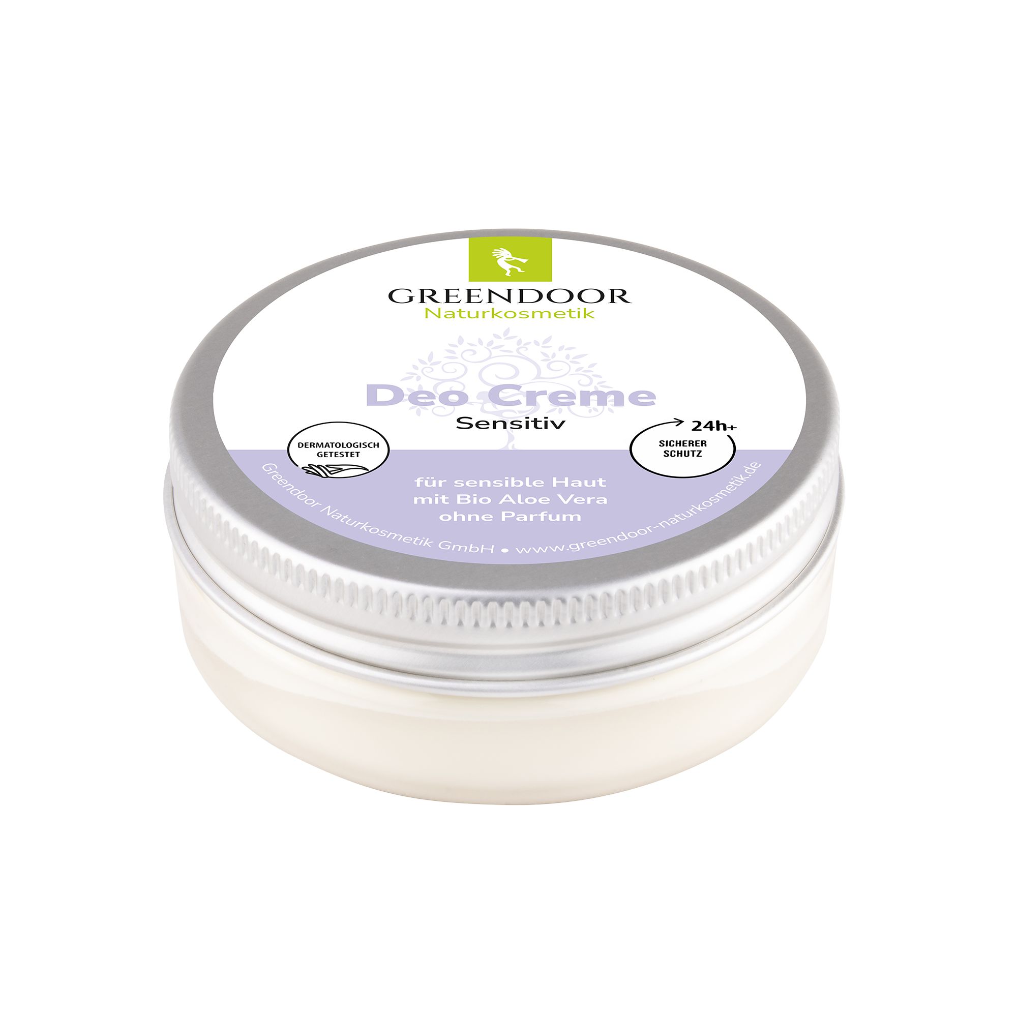 GREENDOOR Deo Creme Sensitiv in einer silbernen Dose, parfümfrei, mit Bio Aloe Vera.