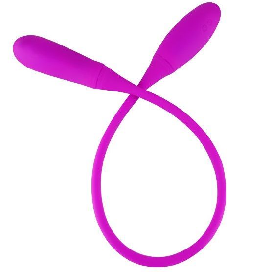 Lila Vibrator mit zwei Enden, verbunden durch einen flexiblen Stiel. Glatte Oberfläche, abgerundete Formen.