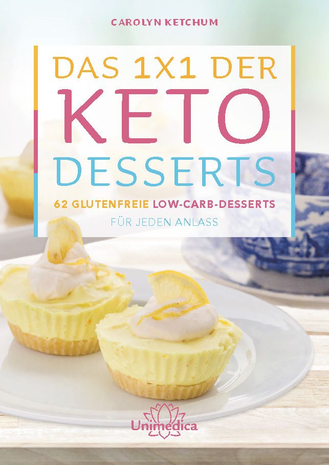 Buchcover: „Das 1x1 der Keto-Desserts“. Titel in Großbuchstaben. 62 glutenfreie Low-Carb-Desserts. Zwei Desserts auf einem Teller.