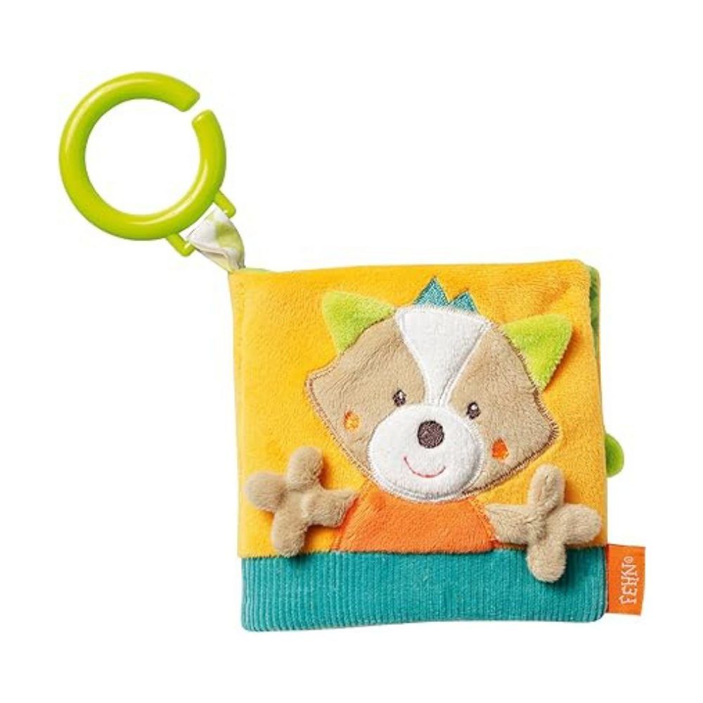 Quadratisches Stoffbuch mit Fuchs-Applikation, grünem Ring und Marke Fehn. Gelb, orange, braun und grün.