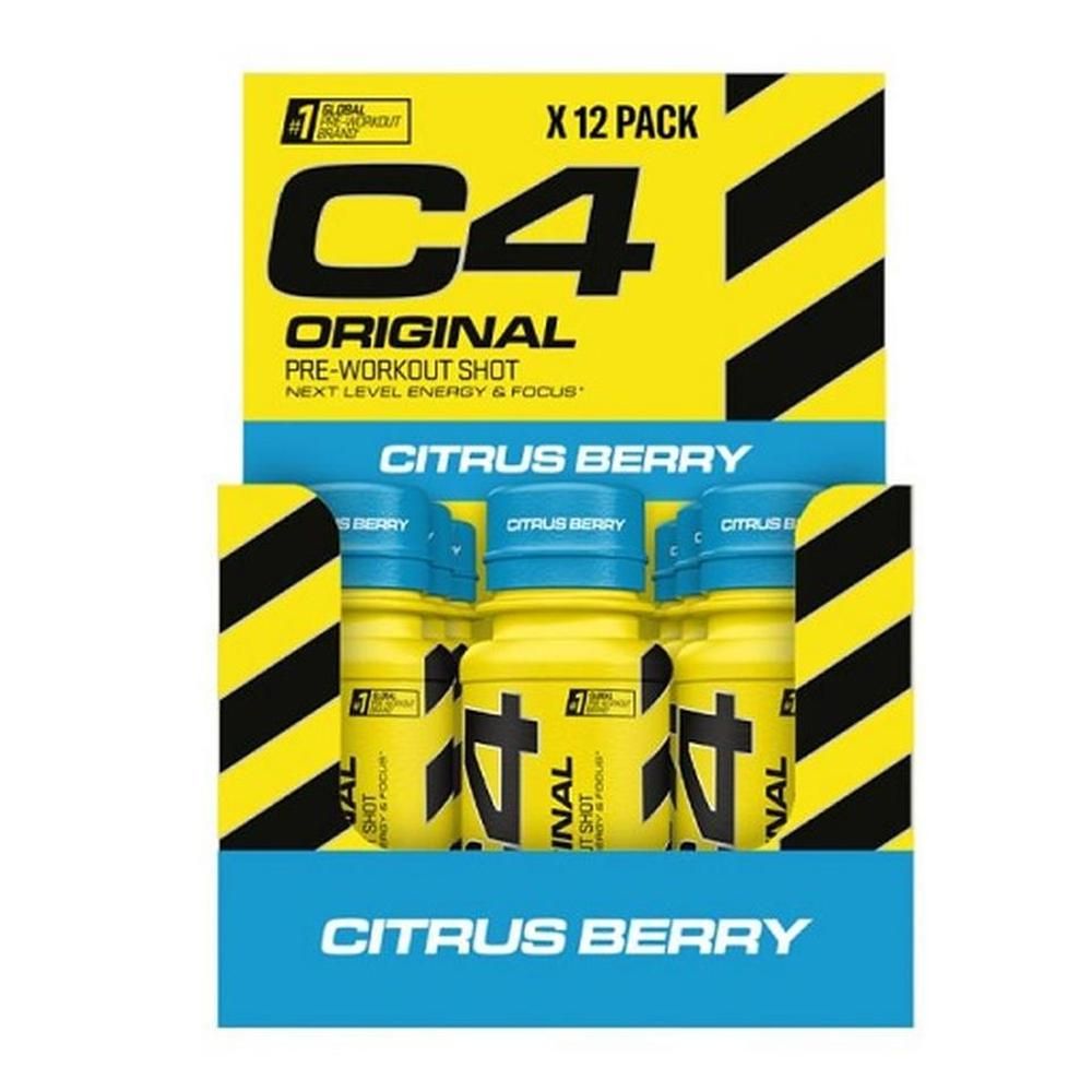 Verpackung mit 12 C4 Original Pre-Workout Shots. Gelb-blaue Verpackung mit Produktnamen und Geschmacksrichtung Citrus Berry.