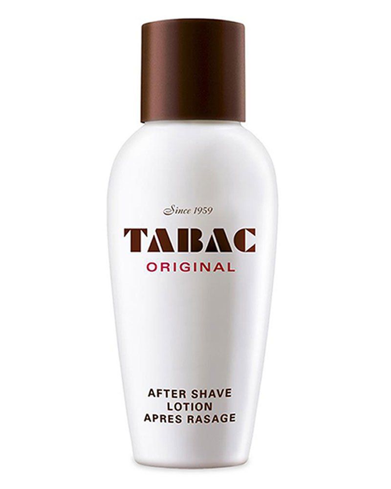 Weiße Flasche mit braunem Deckel. Aufschrift: TABAC ORIGINAL, After Shave Lotion, Après Rasage.
