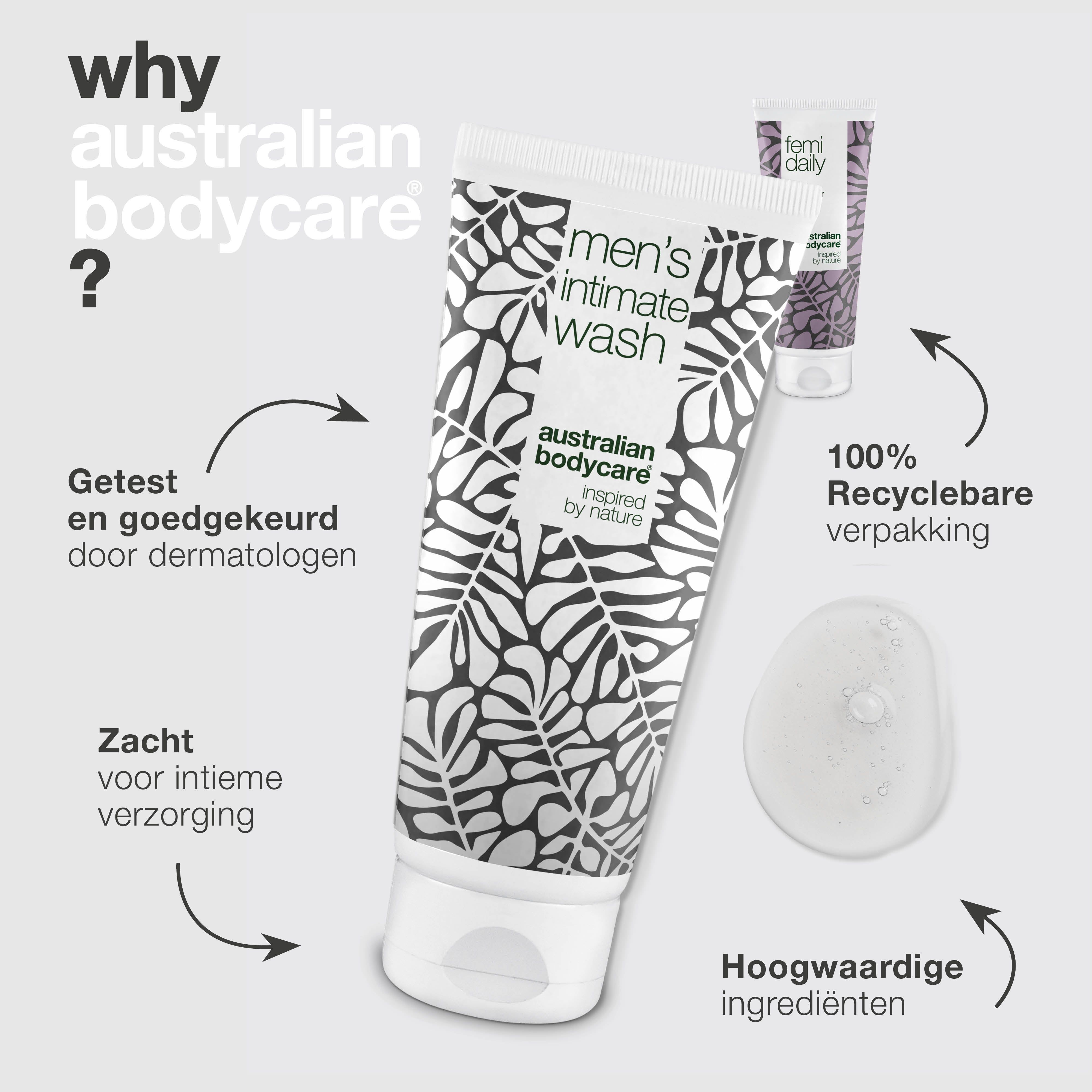 Twee tubes: "men's intimate wash" en "femi daily". Tekst: "Why australian bodycare ?". Pijlen en druppels.