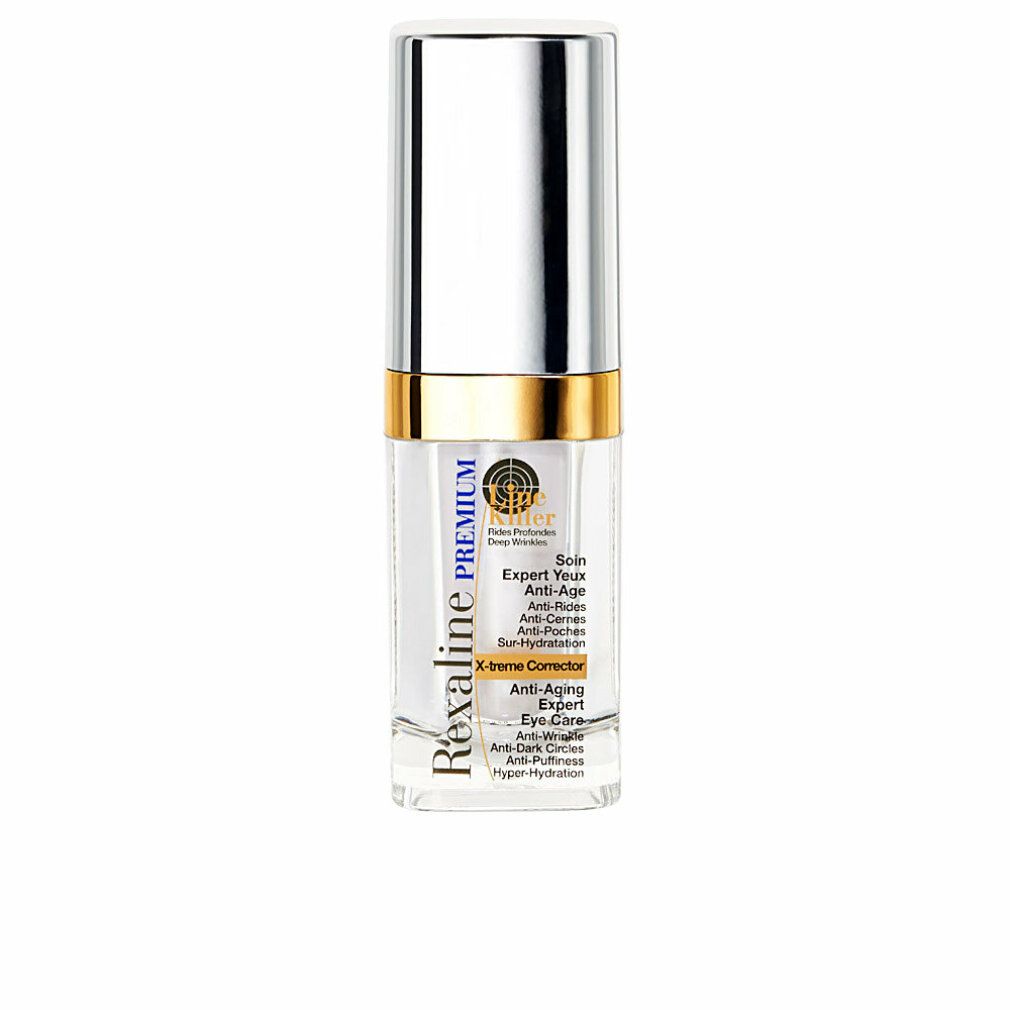 Transparente Flasche mit silbernem Deckel und goldenem Ring. Text: Rexaline Premium, Expert Augenpflege.