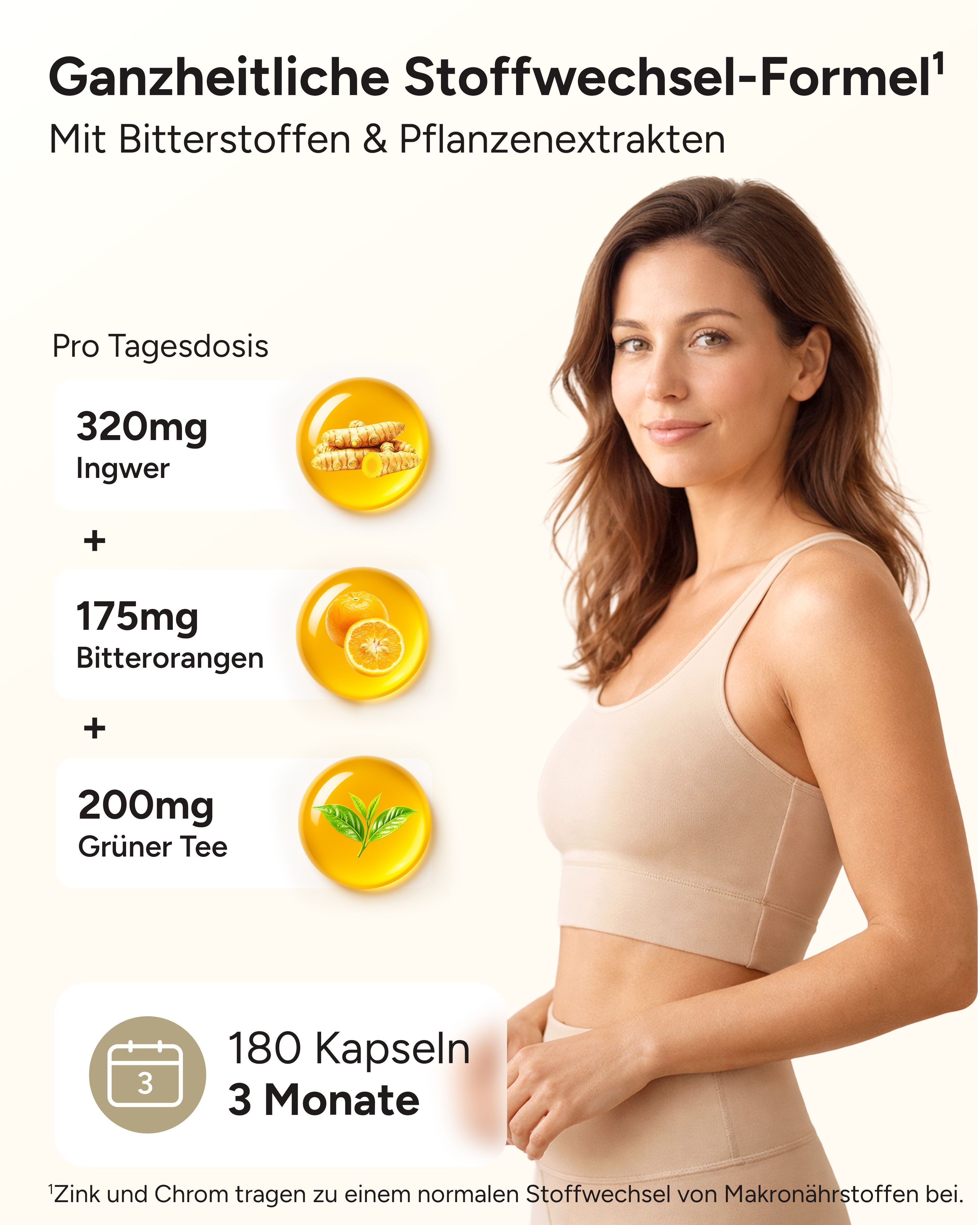 Frau mit Bauchfreiem Top. Grafiken zeigen Ingwer, Bitterorangen und grünen Tee. Text: 180 Kapseln, 3 Monate.