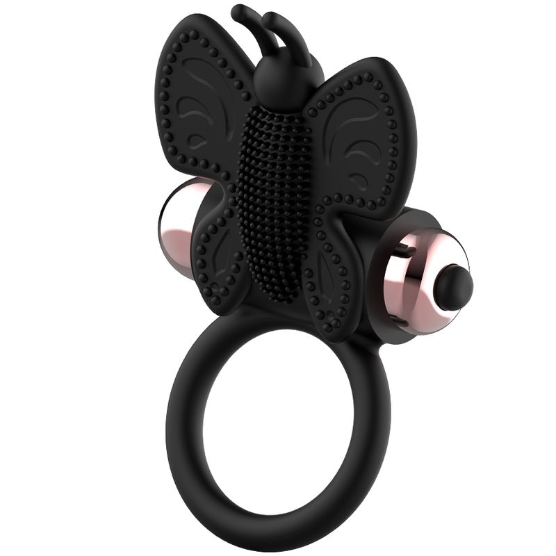 Schwarzer Vibrationsring in Schmetterlingsform mit Ringen und einer gerippten Oberfläche.