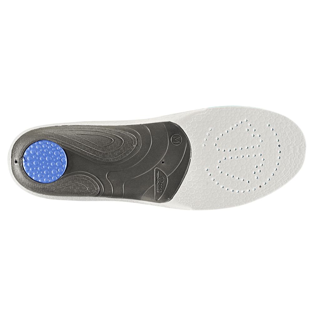 Weiße Einlegesohle mit grauem Einsatz und blauem Element. Anatomische Form mit Perforationen.