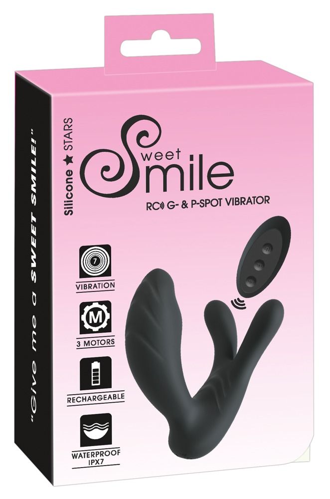 Rosa Verpackung mit schwarzem Vibrator. Text: Sweet Smile, RC G- & P-Spot Vibrator, 3 Motoren, IPX7.