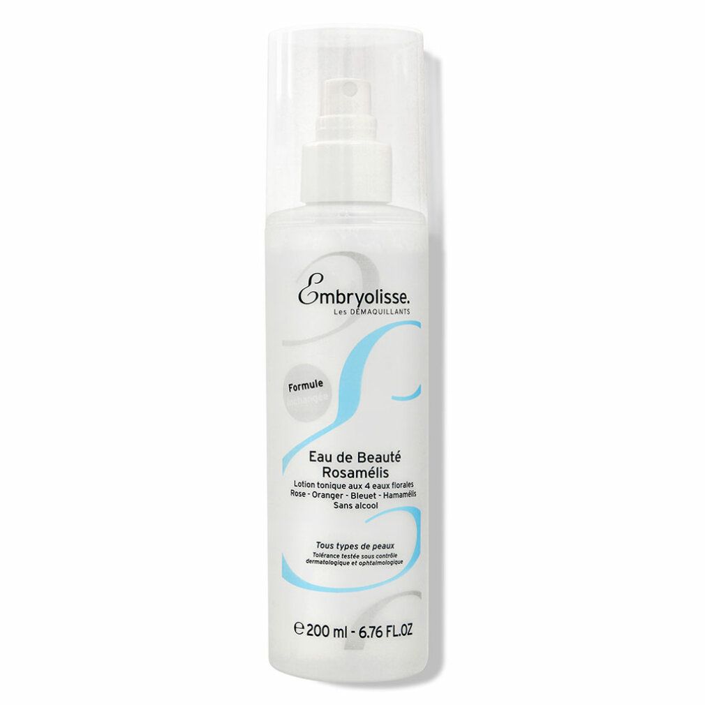 Embryolisse 4 Flower Tonic Lotion. Weiße Flasche mit Sprühkopf und durchsichtiger Kappe. Produktbezeichnung und Text in Blau.