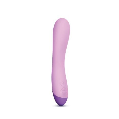 Lilafarbener, geschwungener Vibrator mit abgerundeter Spitze und lila-farbenem Ende. Auf der Oberfläche sind Symbole abgebildet.