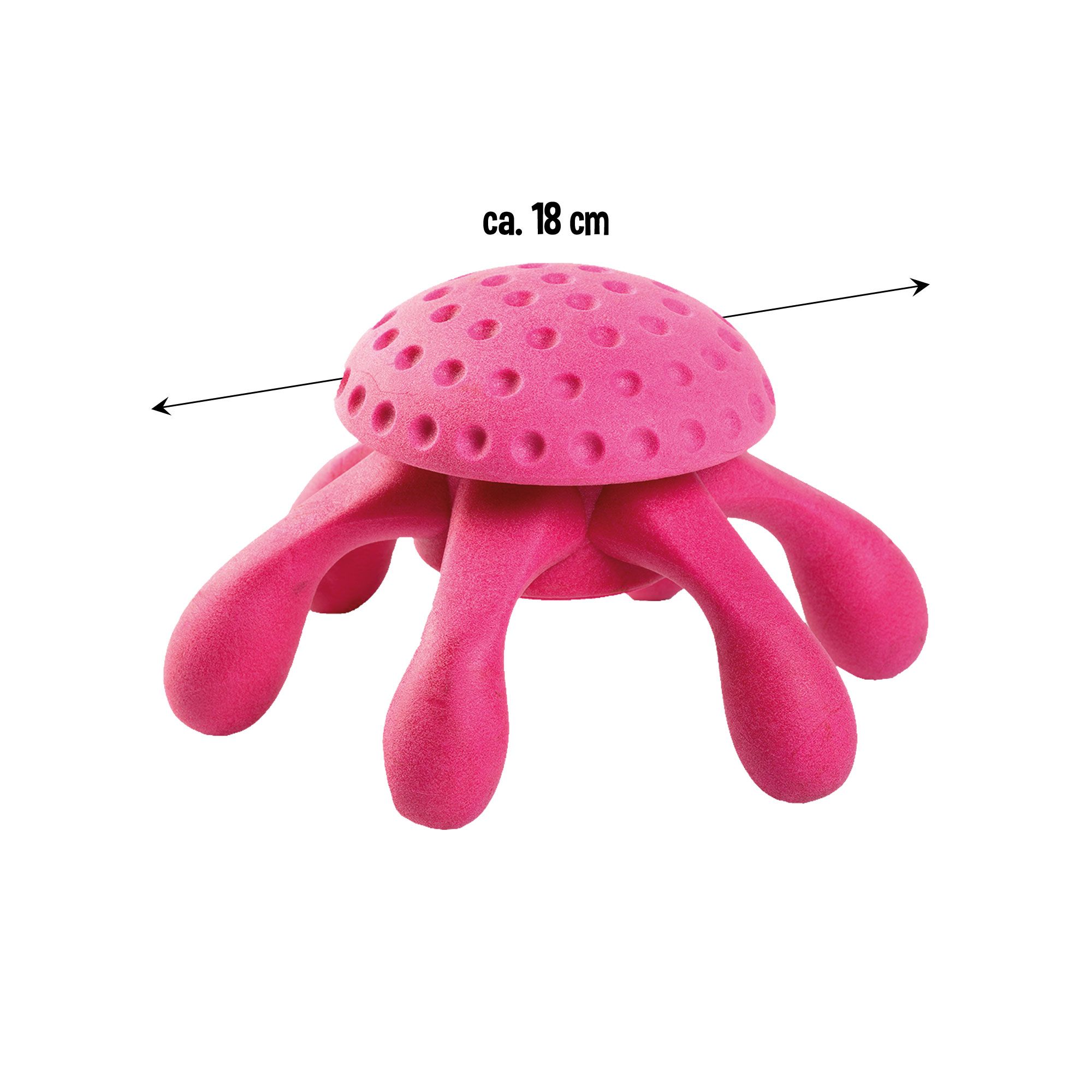 Pinkfarbenes Oktopus-Spielzeug mit Löchern und Beinen. Pfeil zeigt auf ca. 18 cm Breite.