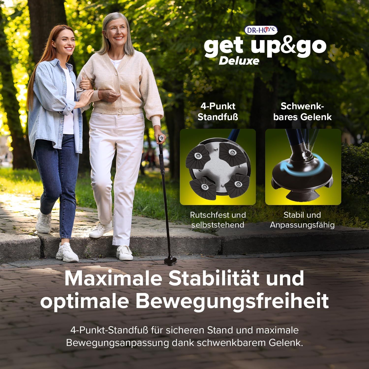DR-HO'S Get Up & Go Gehstock mit LED-Licht, Alarmknopf & 4-Punkt-Standfuß