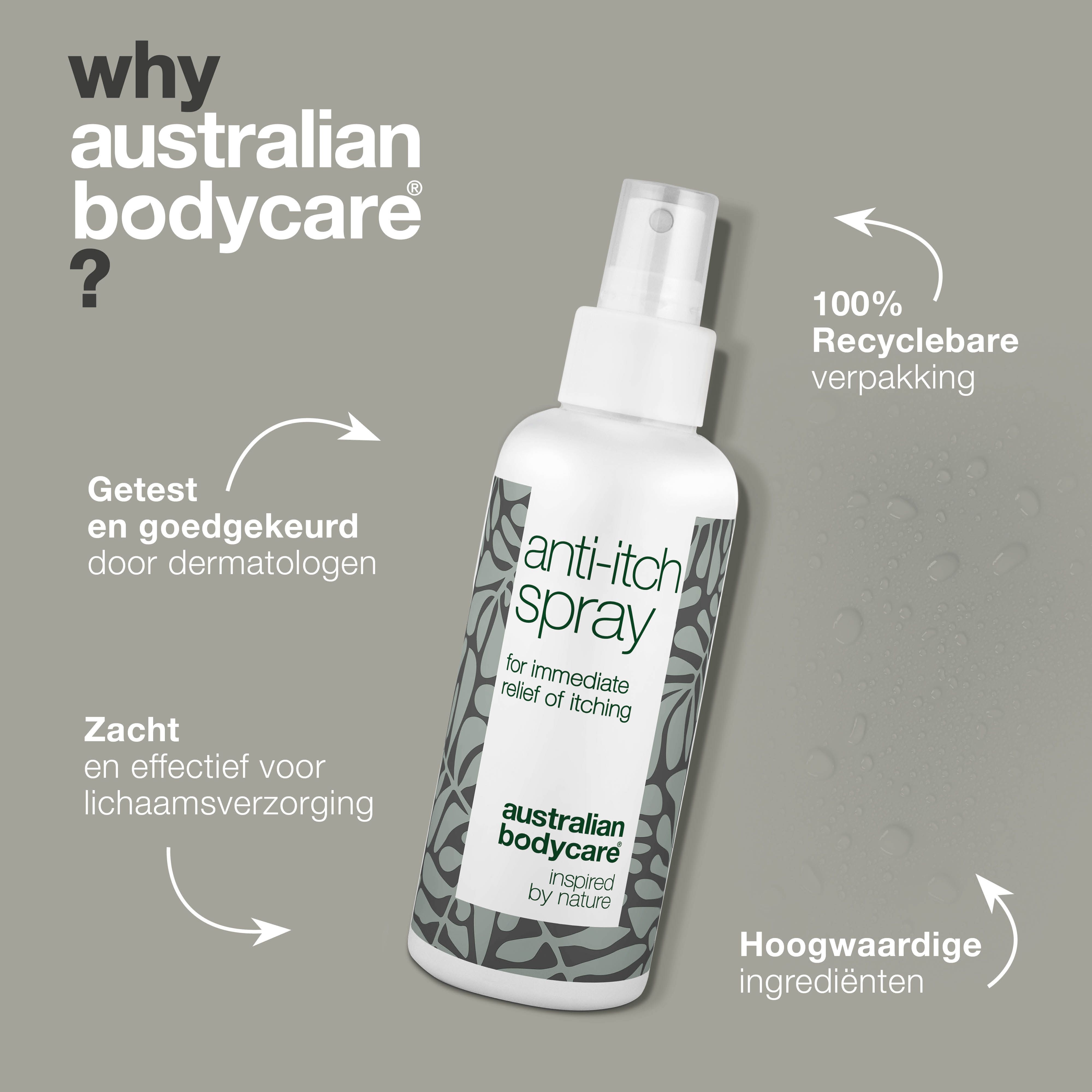 Product- en voordeelpresentatie. Spray tegen jeuk met tekst en pijlen. Merk: Australian Bodycare.