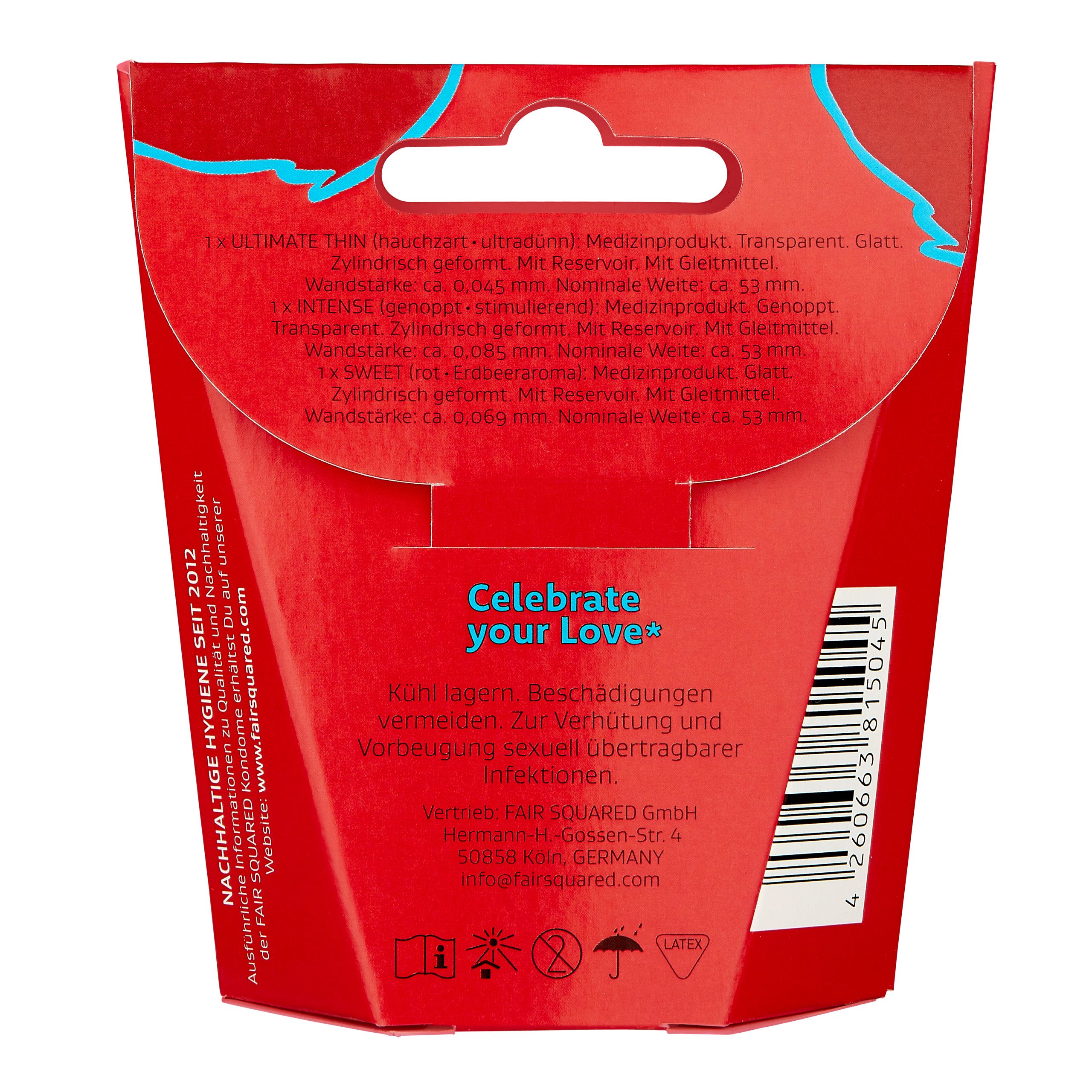 Rückseite der Fair Squared *Love*r Mix* Verpackung. Rote Schachtel mit Text, Barcode und Logos. Enthält Informationen.