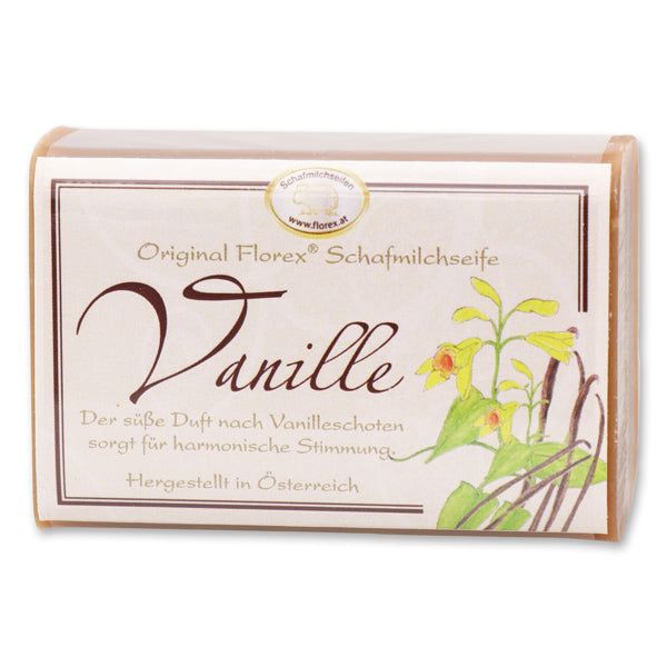 Verpackte Seife. Aufdruck: Original Florex Schafmilchseife Vanille, Illustration mit Vanilleschoten.