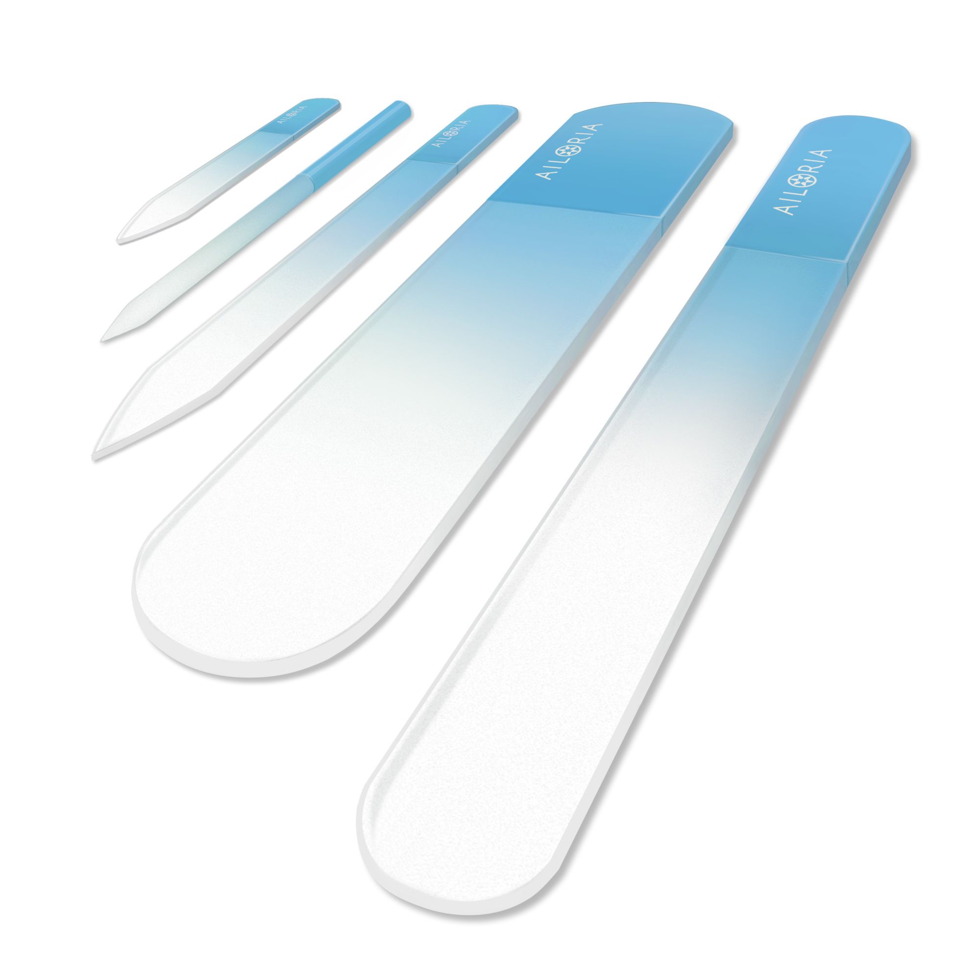 Glasnagelfeilenset. Sechs Feilen in verschiedenen Größen und Formen. Farbverlauf von blau nach transparent.