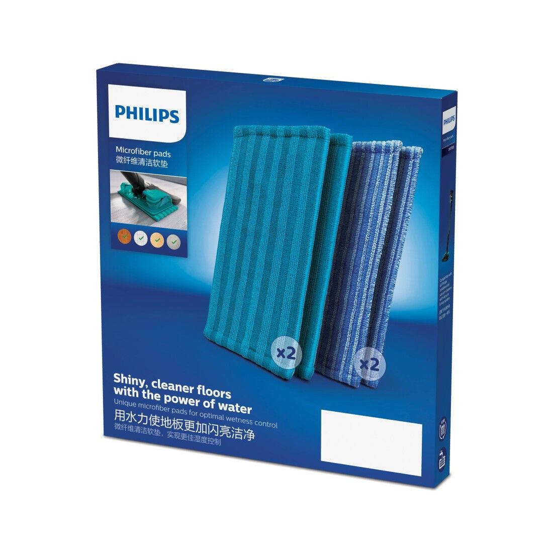 Philips Mikrofasertücher in Verpackung. Zwei blaue und zwei türkisfarbene Tücher. Text: "Shiny, cleaner floors with the power of water".