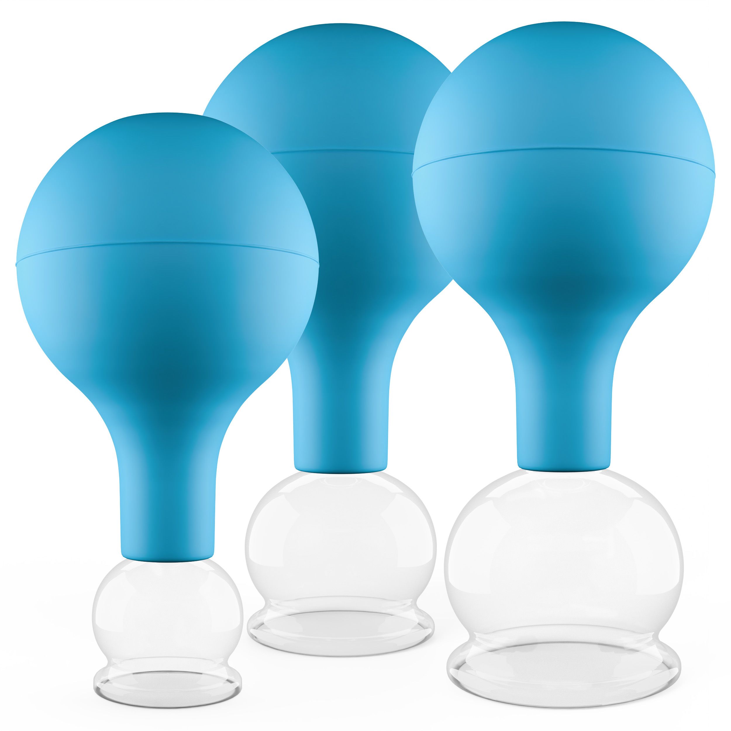 Pulox Schröpfgläser aus Echtglas mit Saugball - Set Trio klein in Blau: 25mm, 32mm, 40mm