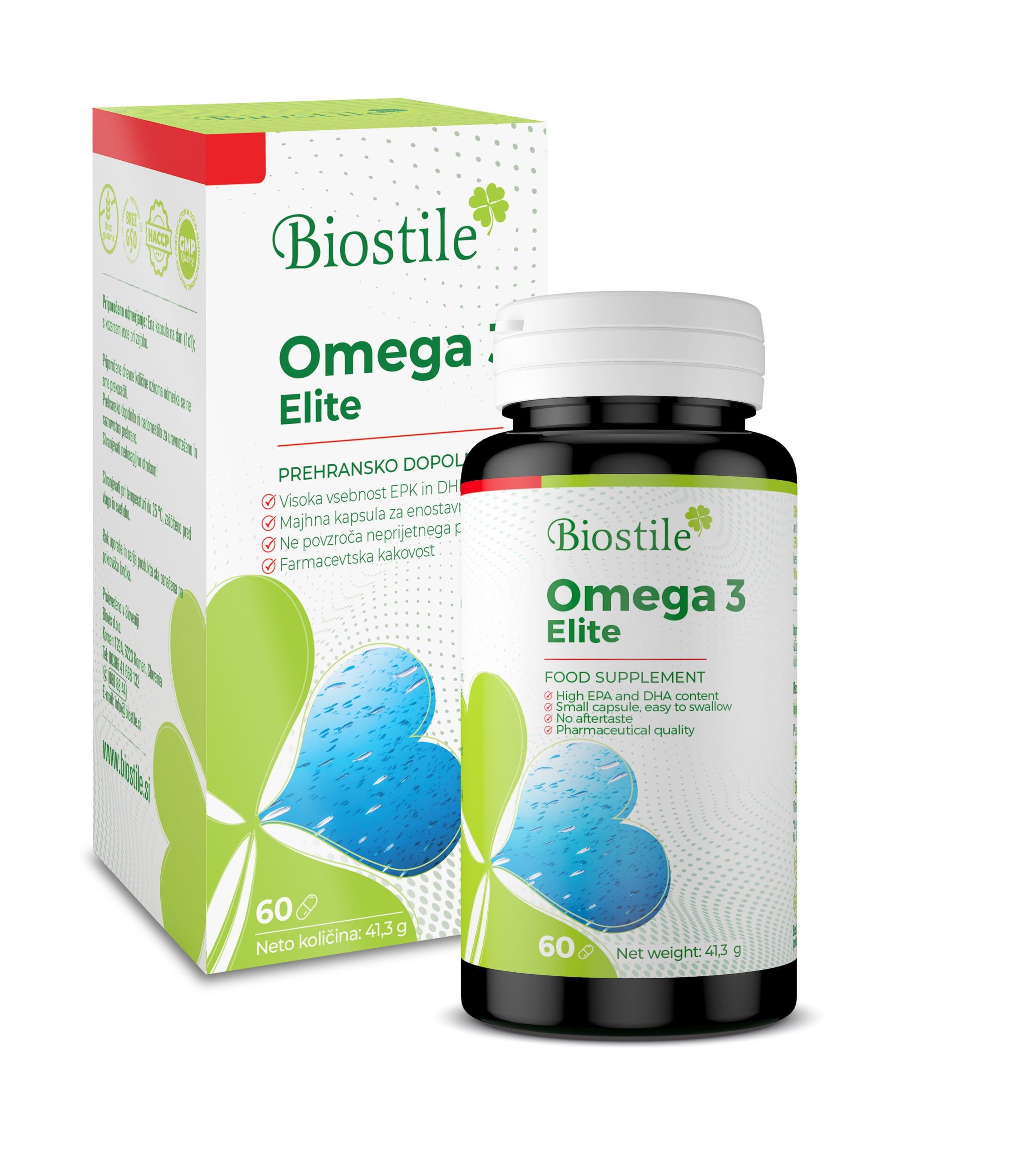 Biostile Omega 3 Elite. Flasche und Schachtel. 60 Kapseln. Aufschrift: Nahrungsergänzungsmittel. Blaue und grüne Elemente.