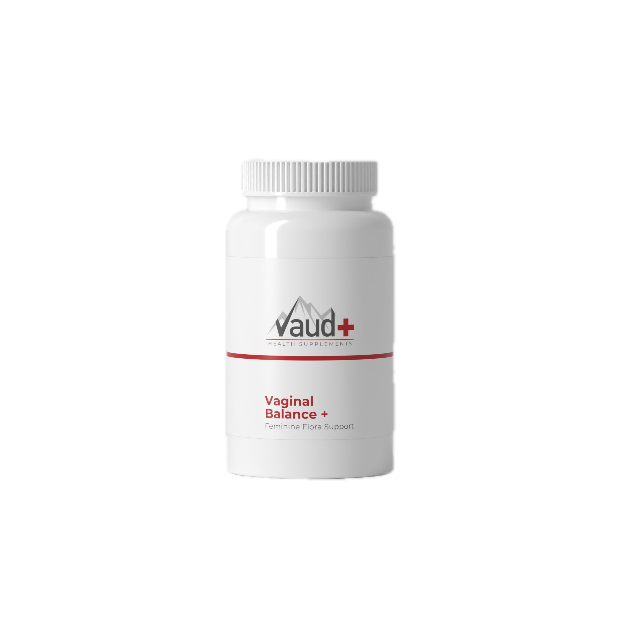 Weiße Flasche mit Schraubverschluss. Aufschrift: Vaud+, Vaginal Balance+. Roter Streifen. Feminine Flora Support.