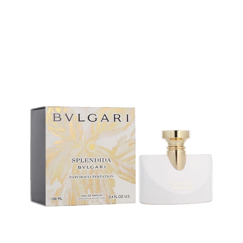 Weißer Flakon mit goldener Kappe und Verpackung. Aufschrift "BVLGARI SPLENDIDA".