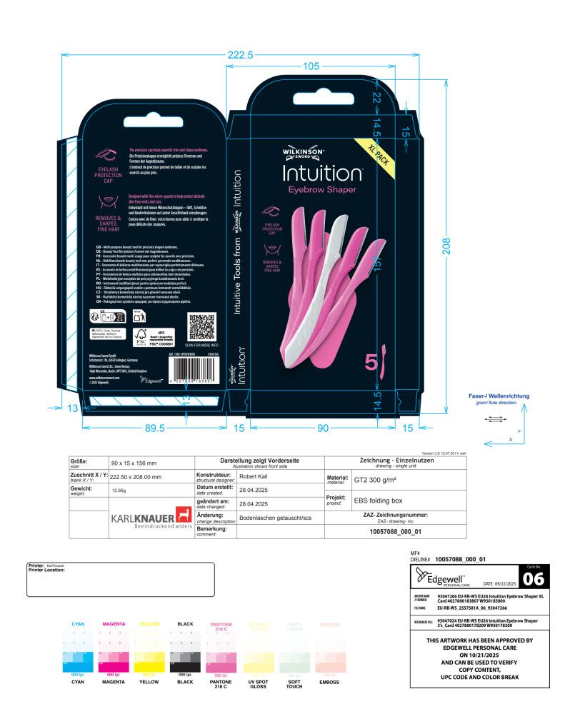 Technische Zeichnung einer Verpackung für Wilkinson Sword Intuition Augenbrauen-Rasierer mit Maßen.