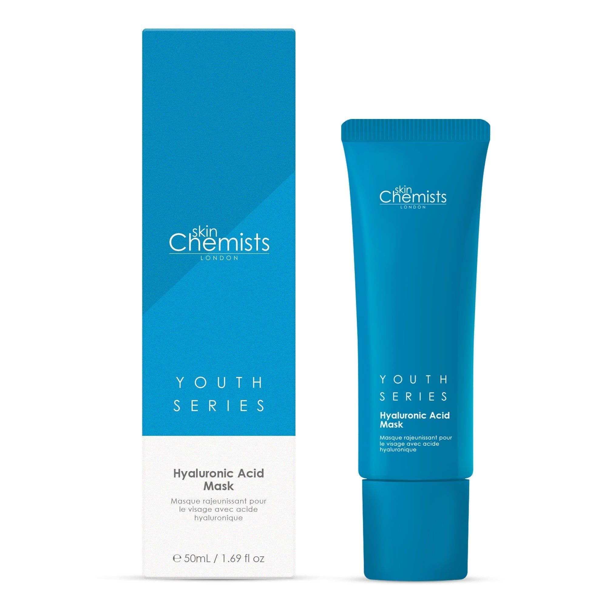 Blaue Tube und Schachtel. "Youth Series" und "Hyaluronic Acid Mask" sind sichtbar. Marke: Skin Chemists London.