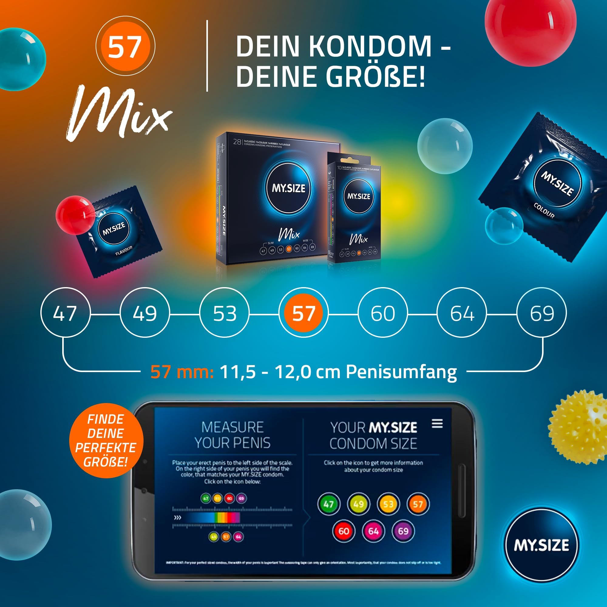 MY.SIZE Kondomgrößen von 47mm bis 69mm. App zur Ermittlung der perfekten Größe wird gezeigt.