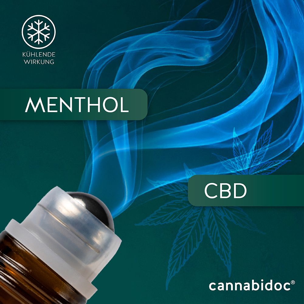 Nahaufnahme eines Roll-On-Aufsatzes. Text: Menthol, CBD. Hintergrund: Rauch und Cannabisblatt.
