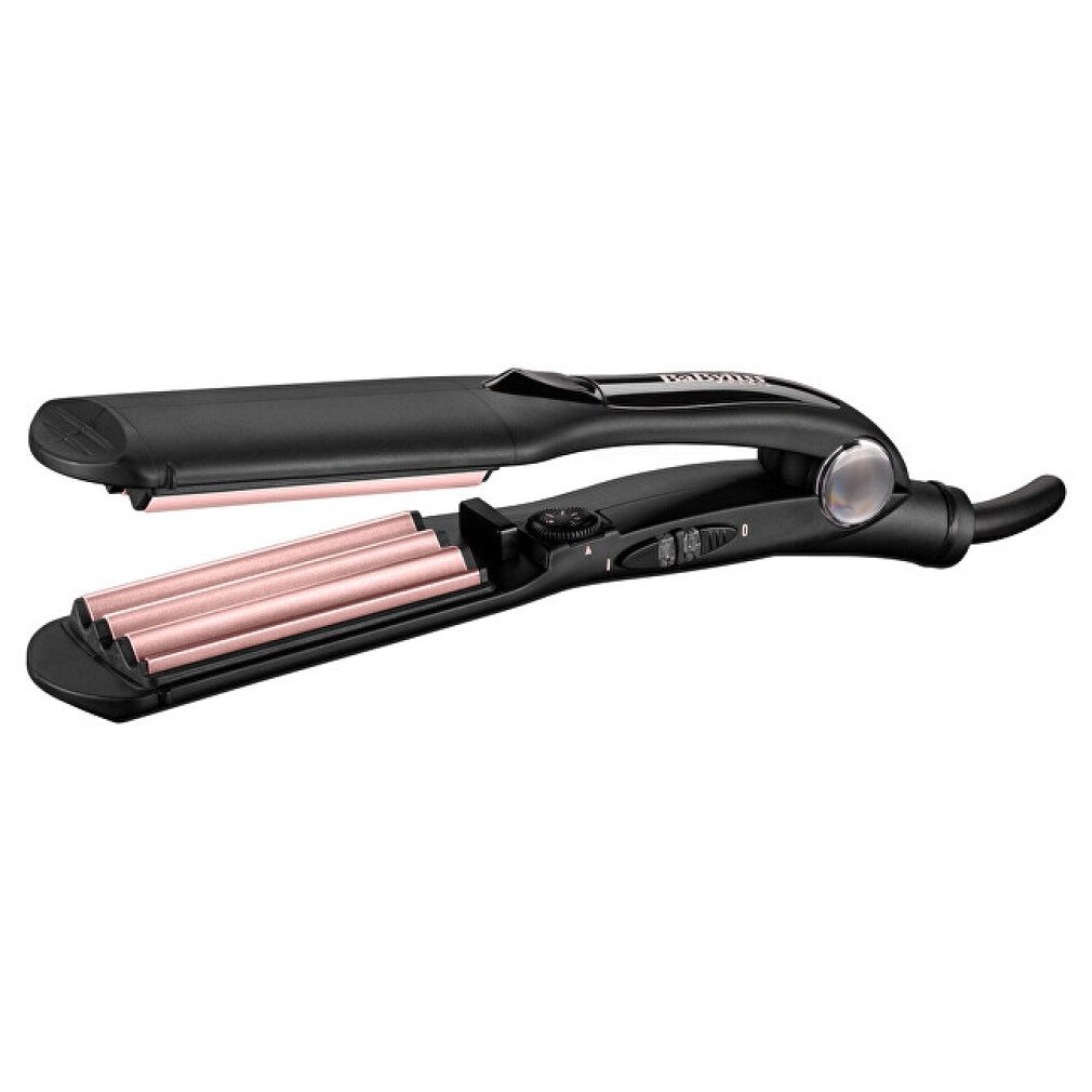 Haarglätter, schwarz mit rosa Elementen. Wellenplatten. Drehregler und Schalter. Kabelanschluss.