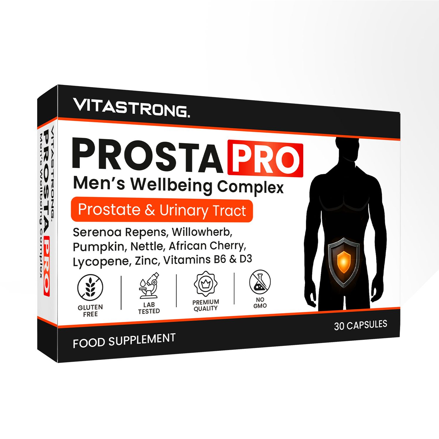 Schachtel mit Vitastrong Prosta Pro. Aufschrift: Prosta Pro, Men's Wellbeing Complex. 30 Kapseln. Glutenfrei, Lab getestet.