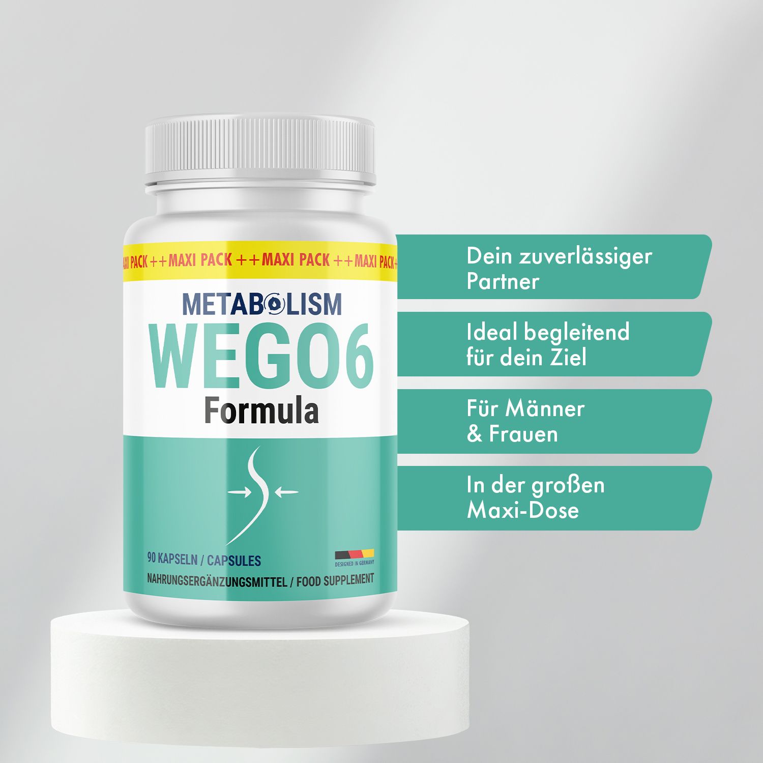Kapseln-Dose mit Produktnamen. Aufschrift: Metabolism Wego6 Formula. Grün-weißes Design. Auf Podest. Text: Dein zuverlässiger Partner.