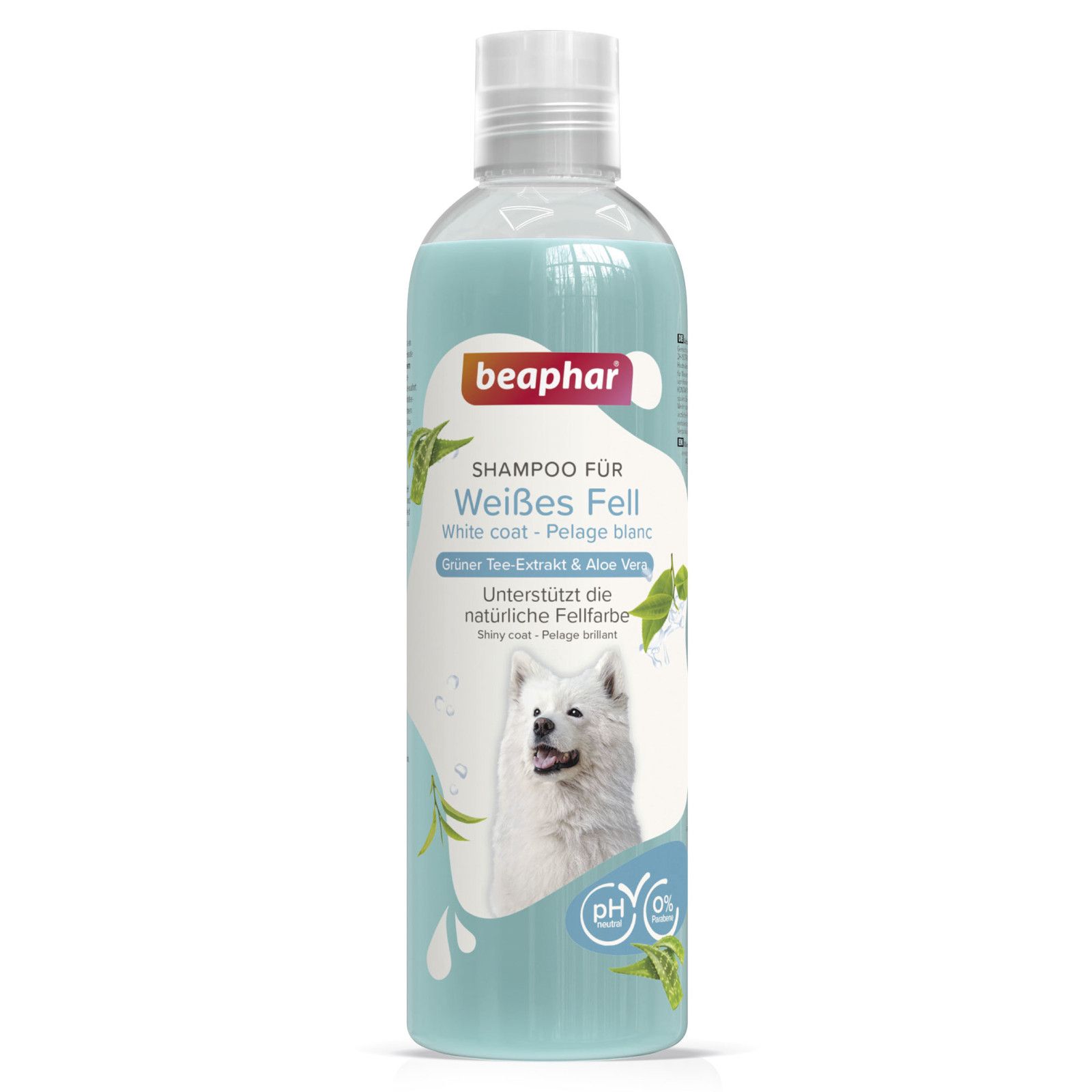 Beaphar Shampoo für weißes Fell. Grüne Tee-Extrakt & Aloe Vera. pH neutral, 0% Parabene. Abbildung eines weißen Hundes.