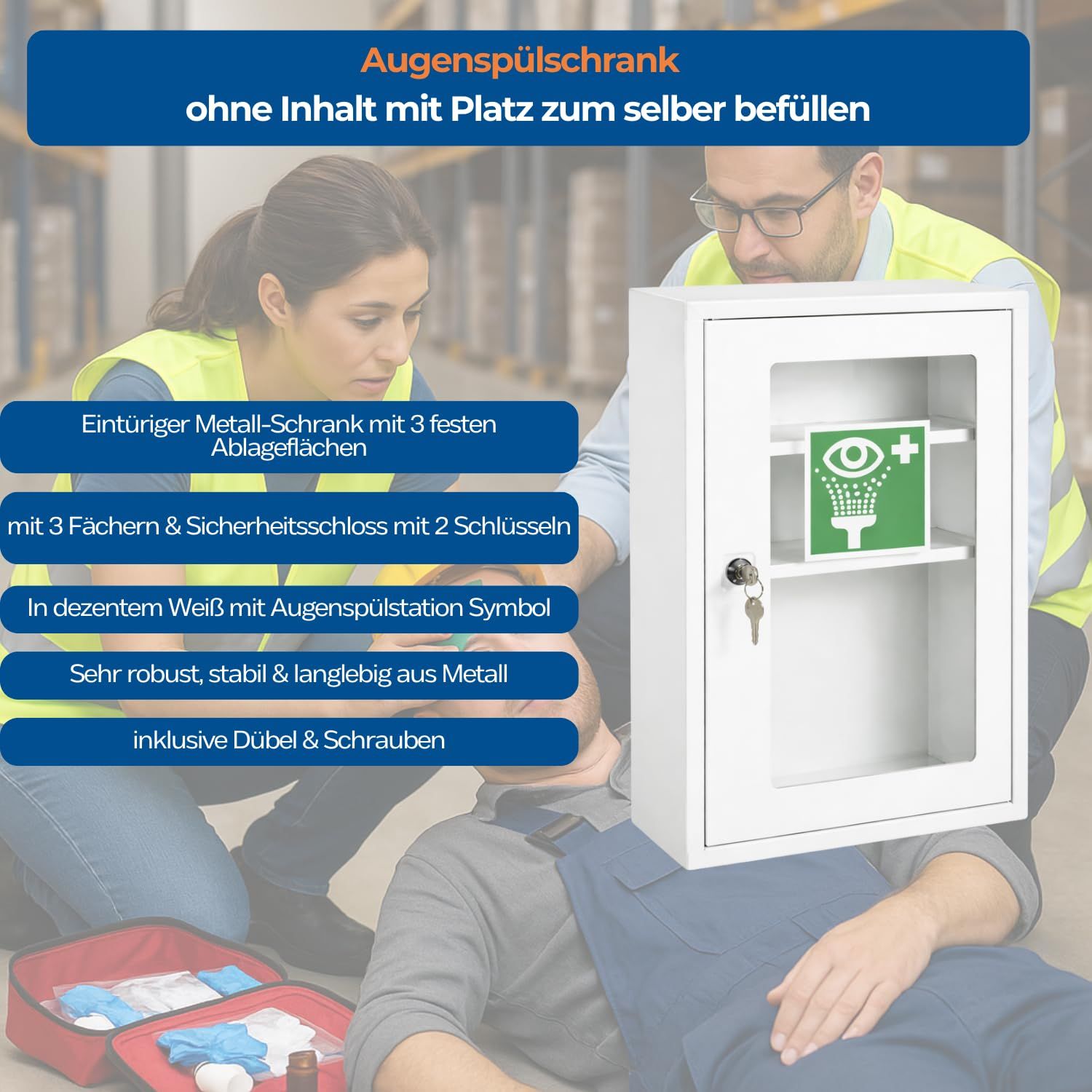 FAP First Aid Products Augenspülschrank leer - Sichtfenster, Metall, abschließbar - 46 x 30 x 14 cm