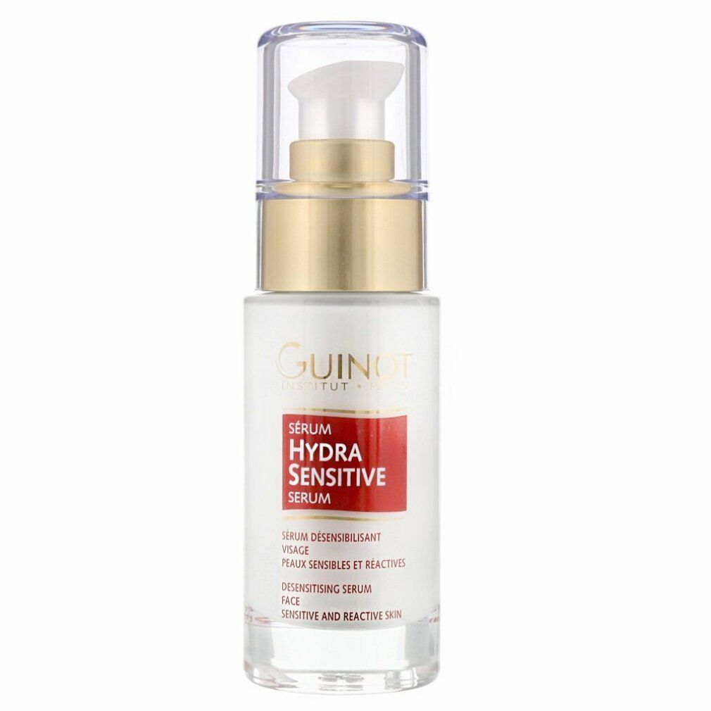 Guinot Hydra Sensitive Serum. Weiße Flasche mit goldfarbenem Verschluss und rotem Etikett. Mit Dosierpumpe.