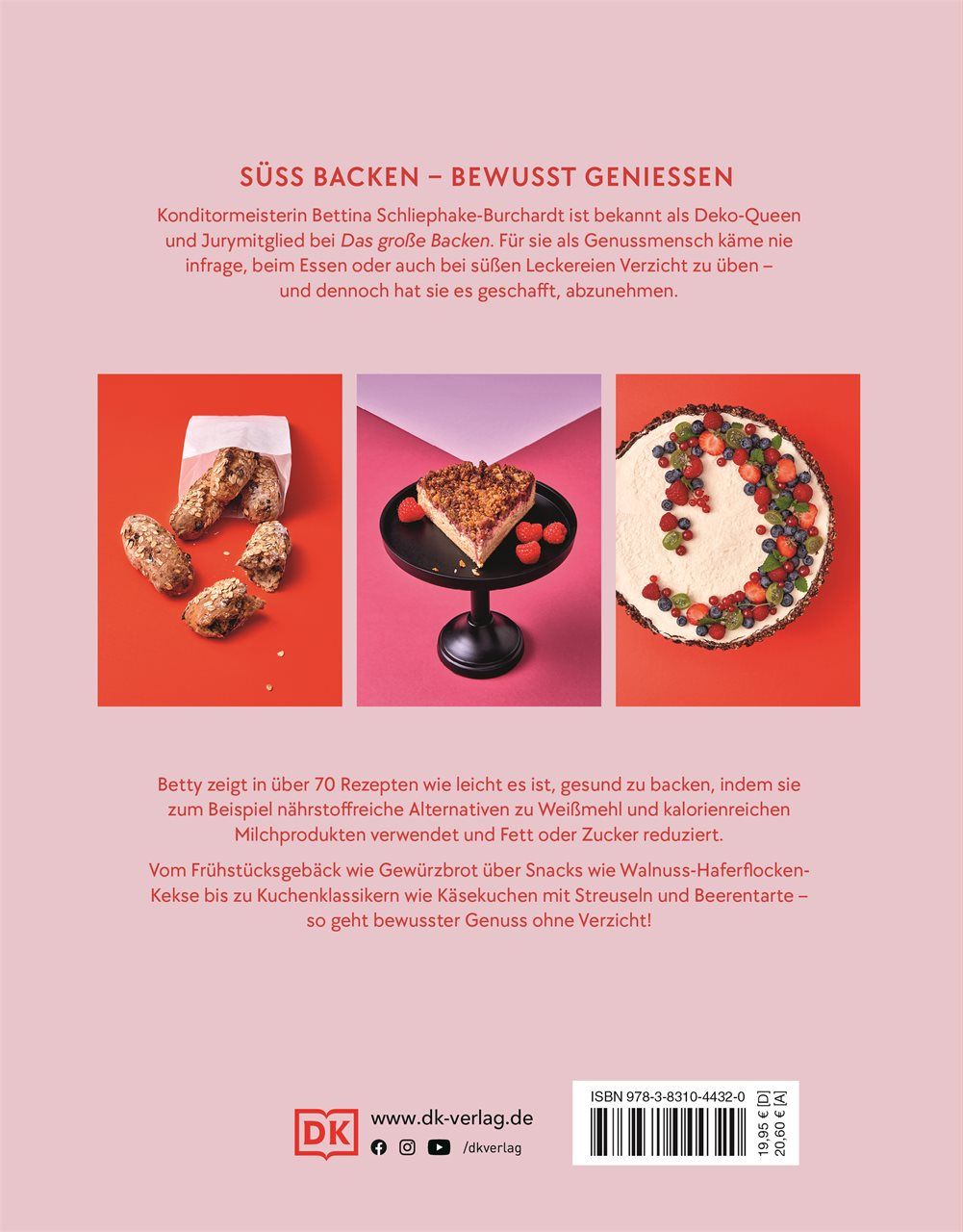 Rückseite des Buches "Betty backt!". Drei Kuchenfotos. Text und ISBN-Code. Rosa Hintergrund.