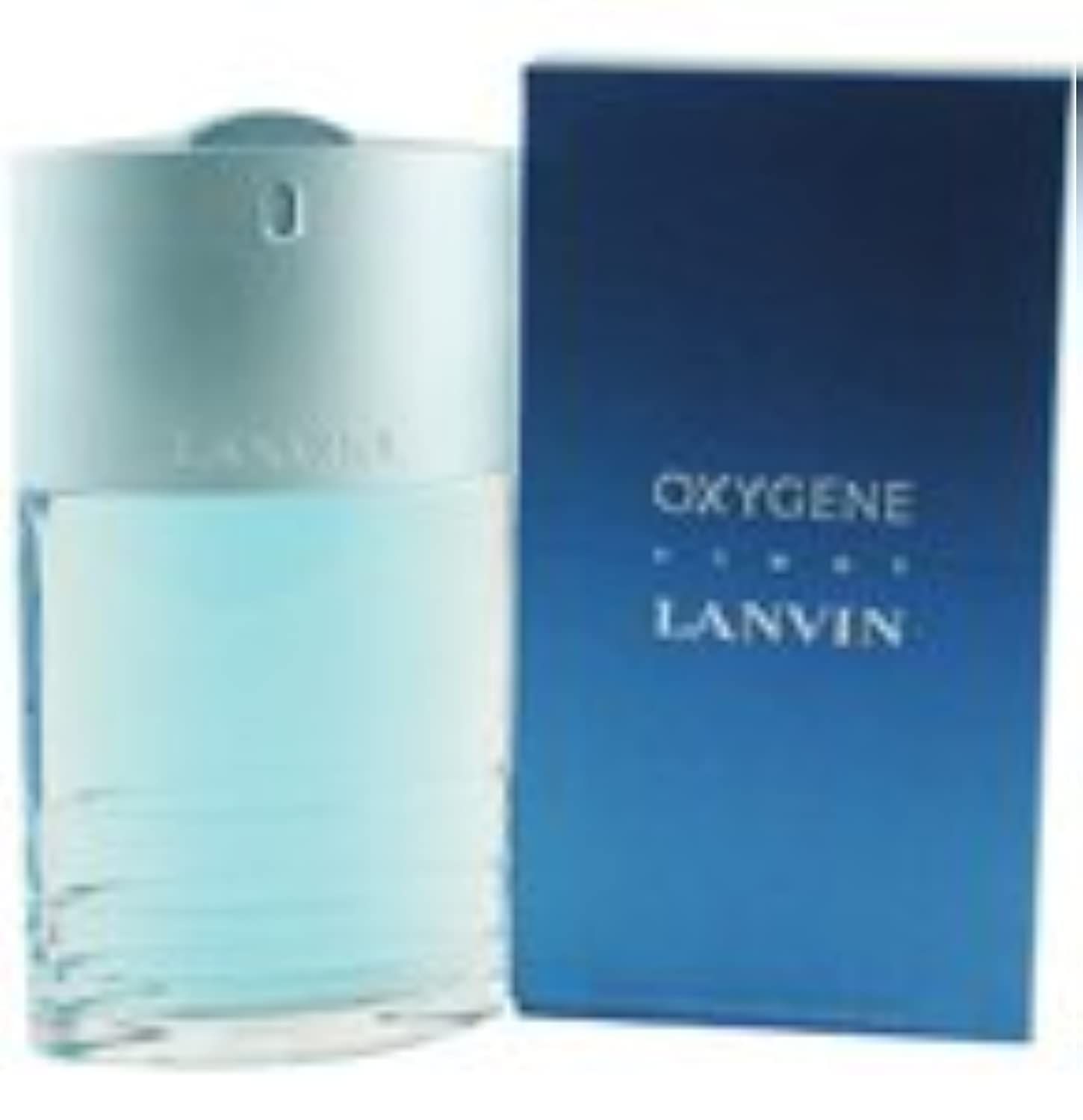 Blaues Parfum-Flakon und -Schachtel. Auf der Schachtel steht "Oxygene Homme" und "Lanvin". Der Flakon ist blau und transparent.