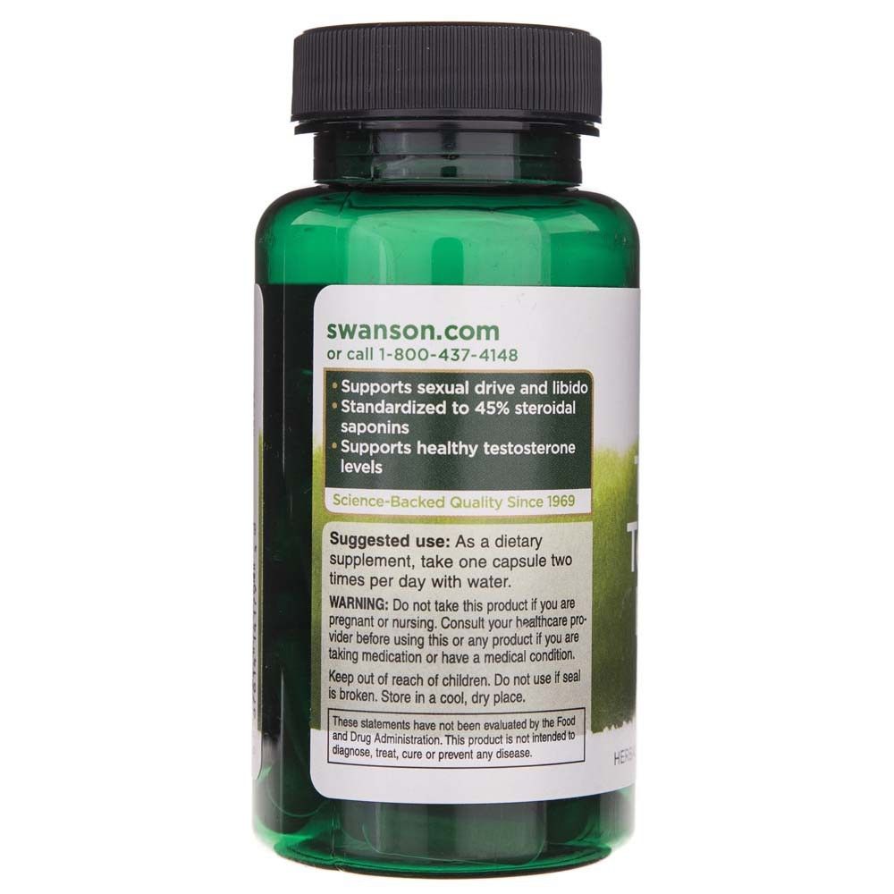 Rückseite einer grünen Kapselpackung mit Anwendungshinweisen und Warnungen für Tribulus Terrestris Extrakt.