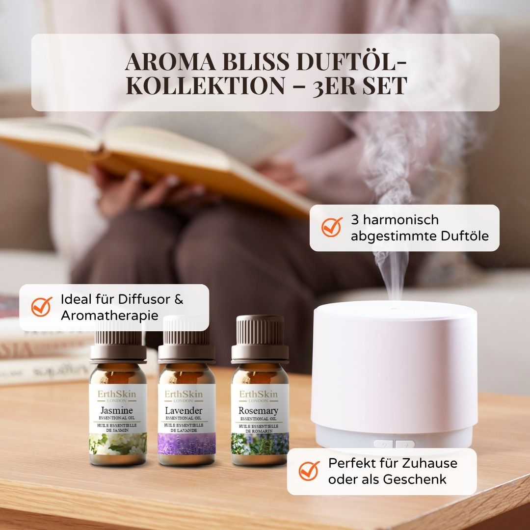 Drei kleine Flaschen mit braunen Deckeln. Etiketten mit den Namen Jasmine, Lavender und Rosemary. ErthSkin London. Diffusor.