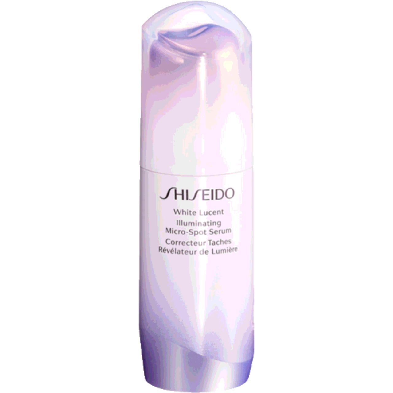 Shiseido White Lucent Serum. Weißer Flakon mit transparentem Deckel. Produktbezeichnung und Logo.