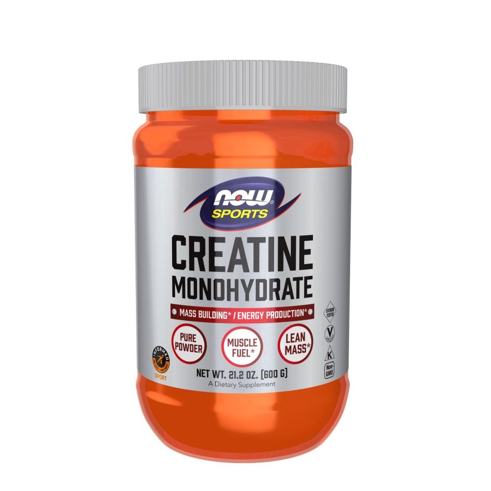 Orangefarbene Dose mit weißem Deckel. Aufschrift: Creatin Monohydrat. Marke: NOW SPORTS. Enthält 600g.