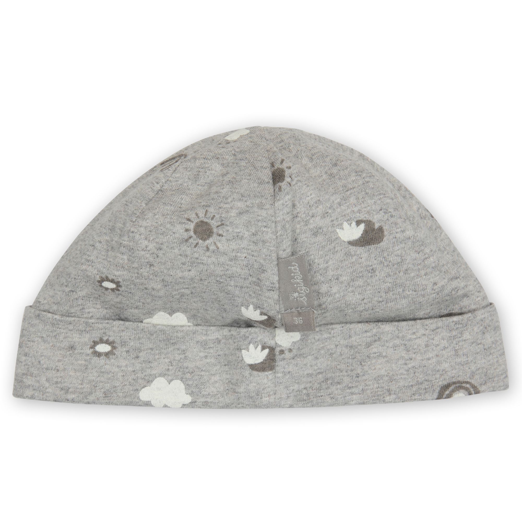 Graue Mütze mit Wolken-, Sonnen- und Blumenmuster. Aufnäher mit "sigikid"-Label.